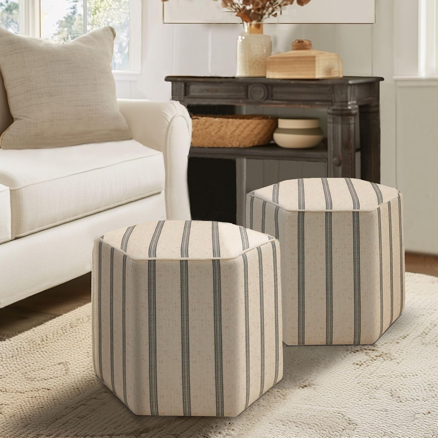 Martha Stewart Ellen Accent Ottoman - Solid Wood Frame, Soft Fabric, Hexagonal Small Stool Chair - Modern Foam Padded Top Footstool Living Room Furniture Natural, 18" W x 18" D x 16" H, Natural