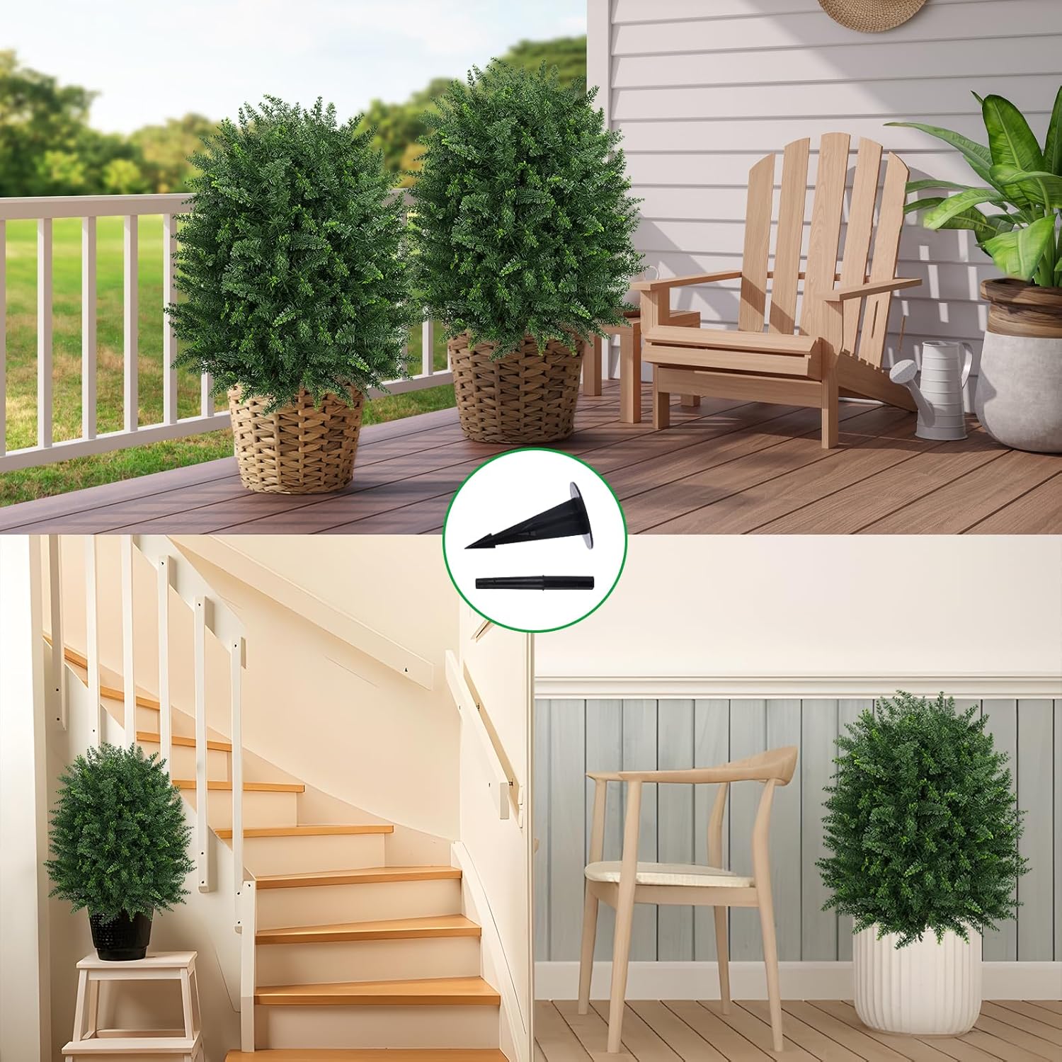 Artificial 28.7 Inches Cedar Topiary Trees with Ground Spike, 2 Pieces Fake Pine Shrubs Bushes, UV Resistant Faux Evergreen Cypress Tree Plants for Indoor Outdoor