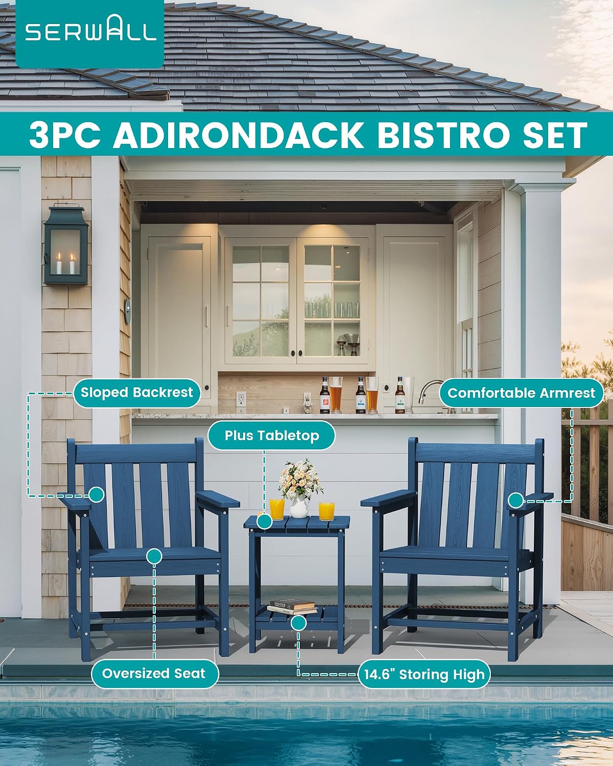 SEWRWALL 3 Pieces Patio Bistro Set, All Weather Adirondack Chair Set with Side Table, HDPE Material Outdoor Patio Furniture Set for Balcony, Porch, Garden, Backyard- Navy