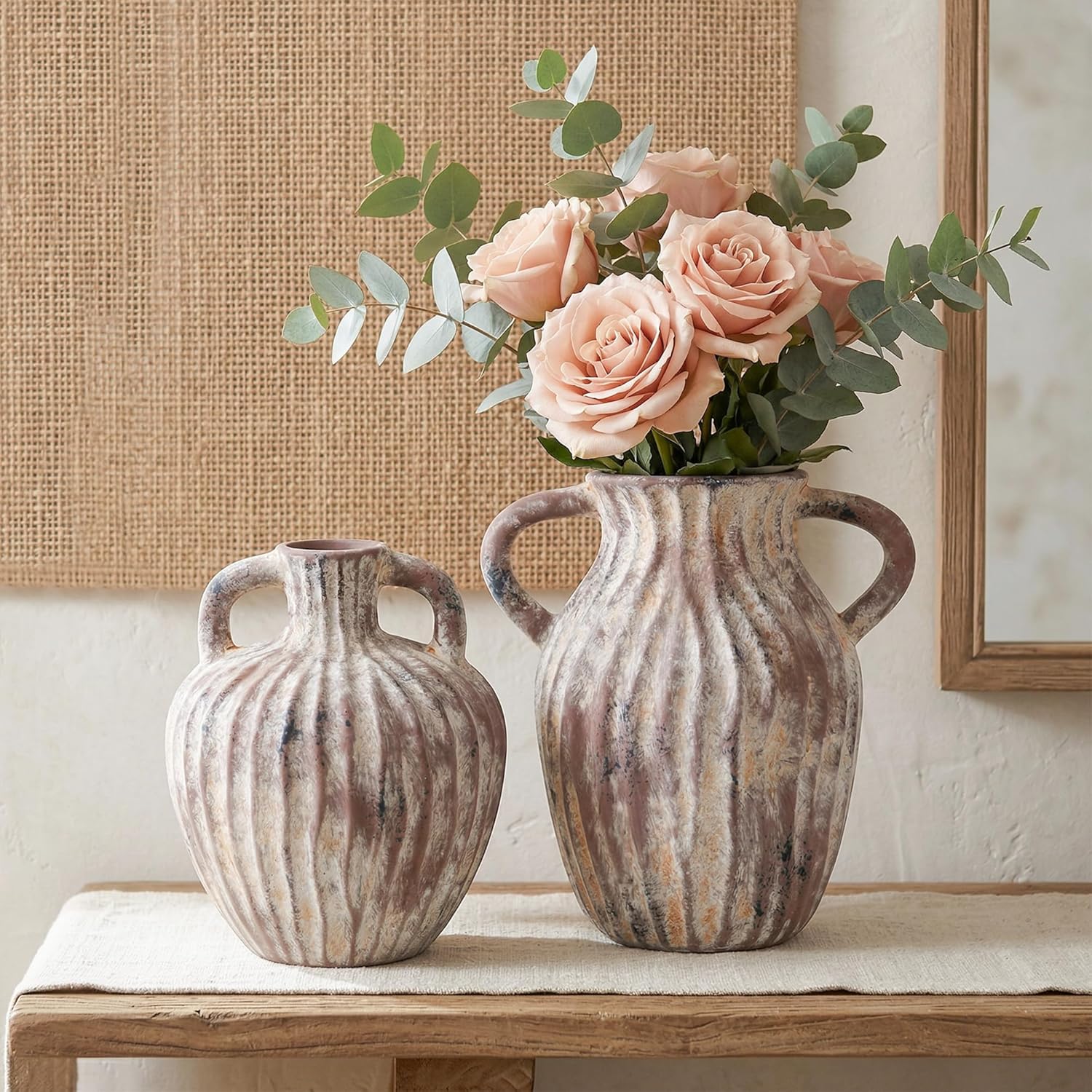 Ceramic Vases Set of 2, Flower Vase Bud Vases Small Vase for Pampas Grass Home Decor Modern Boho Living Room Bathroom Office Coffee Desk Fireplace Centerpieces Gift for Mother, Wife