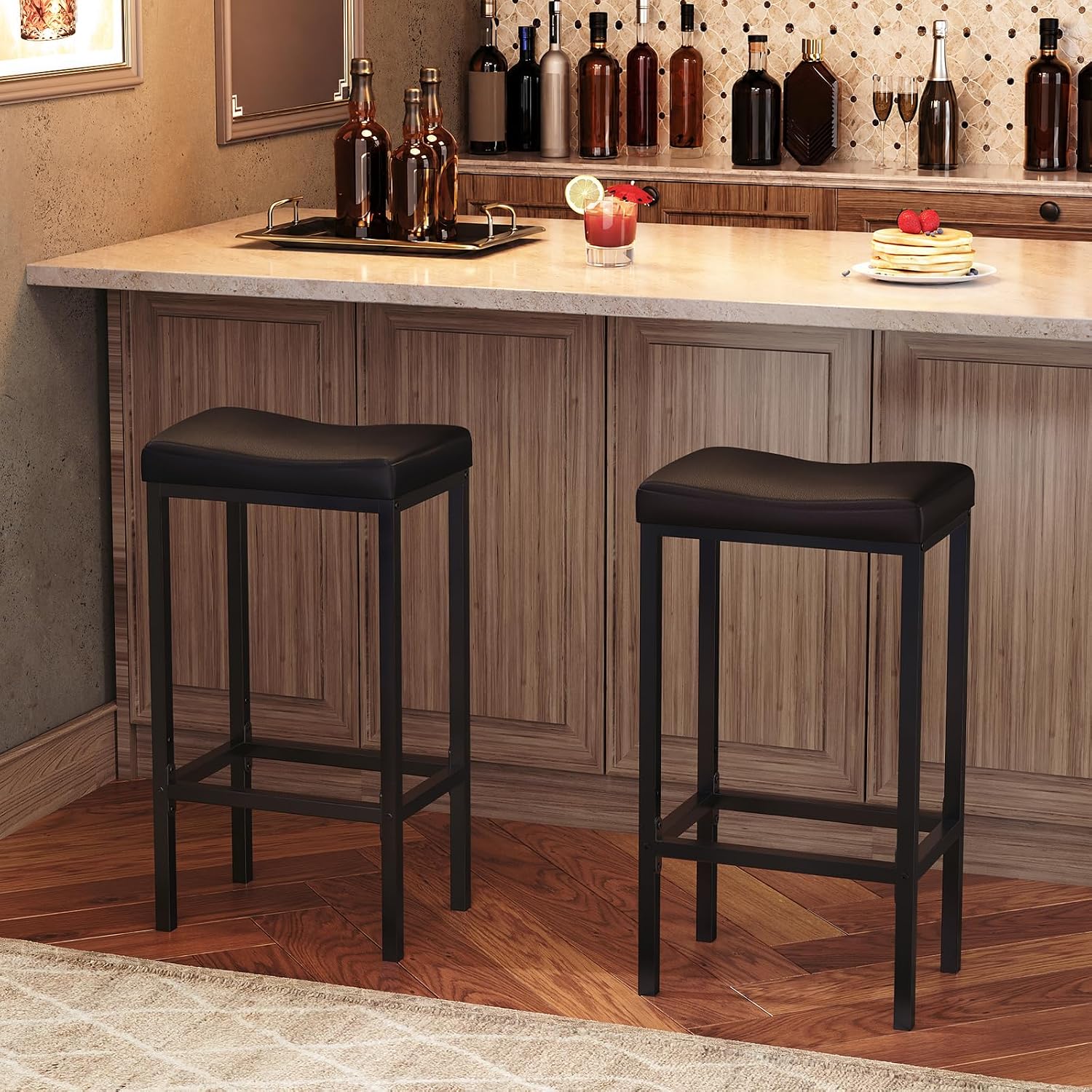 HOOBRO Bar Stools, Set of 2 Bar Chairs, Counter Height Stools, Saddle Barstools with Curved Surface, 24.8 Inches, 2.4" Thick Upholstery, for Kitchen, Dining Room, Cafe Black BB10BY01