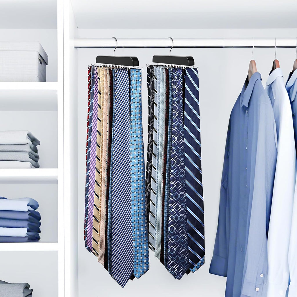 2 Pack Tie Rack Space Saving Hanger, Wooden Tie Hanger for Men with 40 Hooks for Closet Organizers and Storage, Large Capacity Necktie Organizer for Ties, Belts, Tank Top Closet Organization