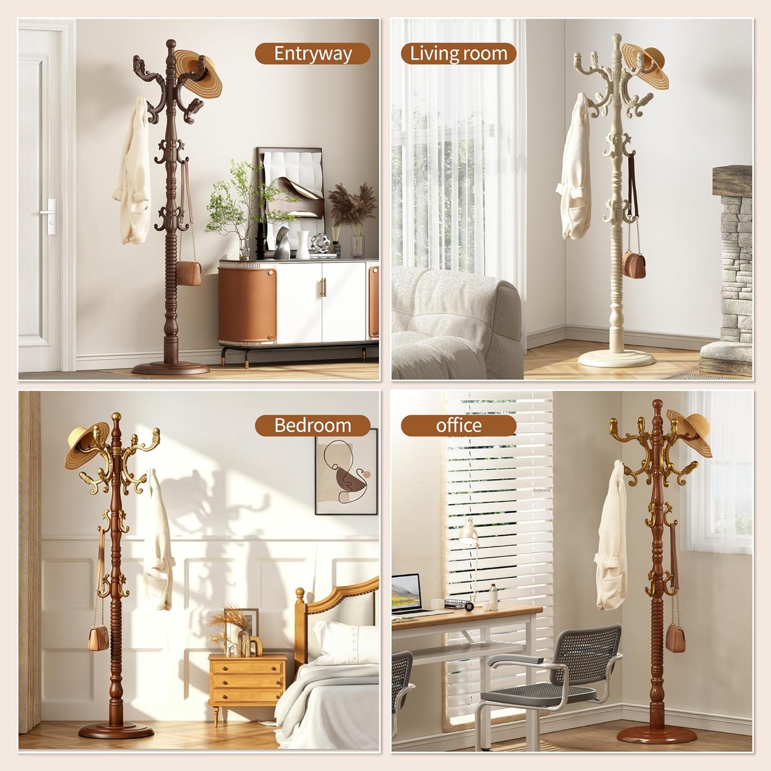 Wood Coat Rack Stand Wooden Coat Rack Freestanding,White | Hall Coat Tree with Sturdy Round Base 14 Hooks for Hat Bag Purses Vintage Coat Tree Hanger Stand for Entryway Hallway Bedroom