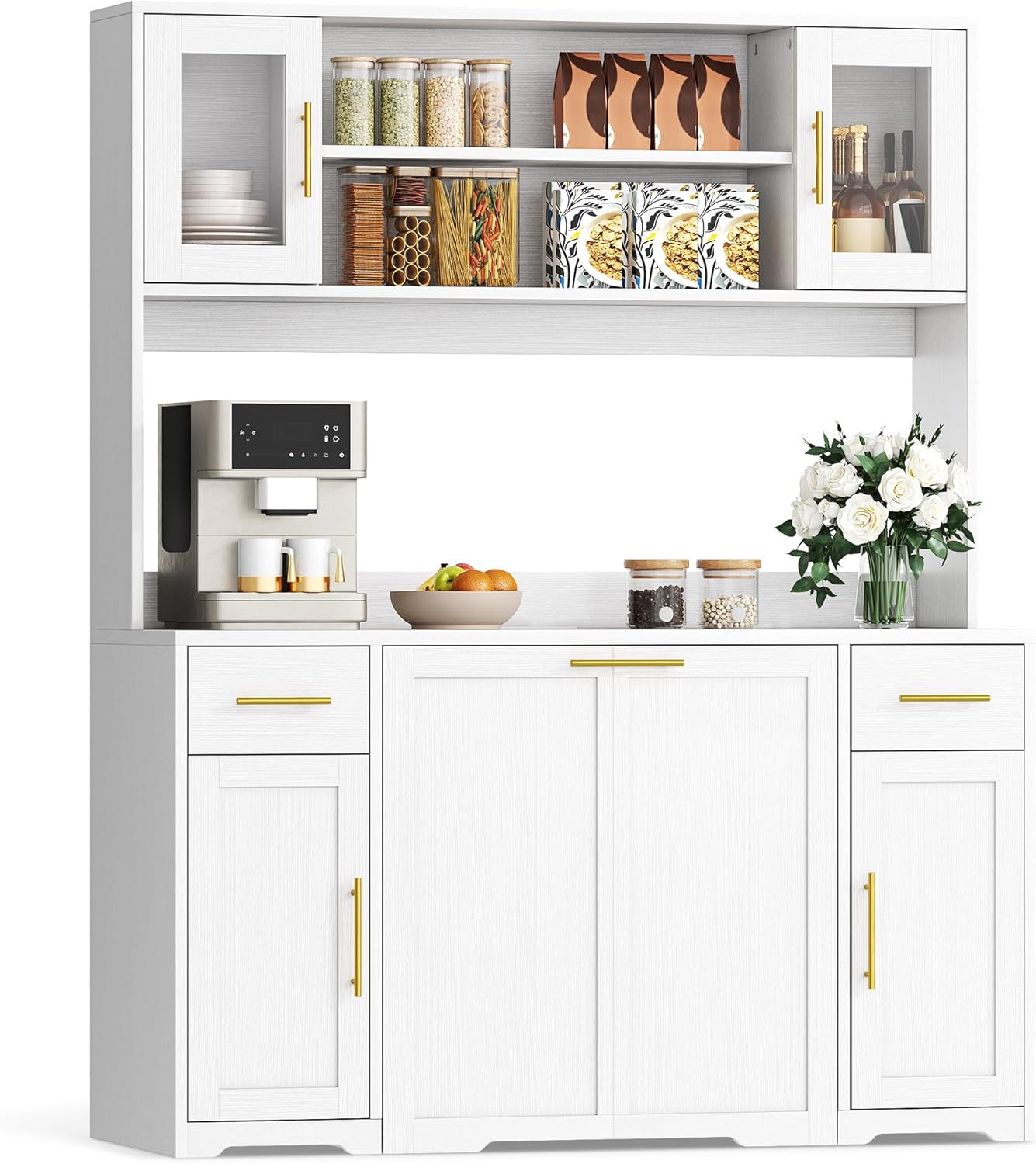 Hutch Cabinet with Storage, 65" Tall Kitchen Pantry with Power Outlet, Double Pull Out Trash Can Cabinet, Kitchen Hutch with Countertop and Drawers, Modern Pantries for Home, White