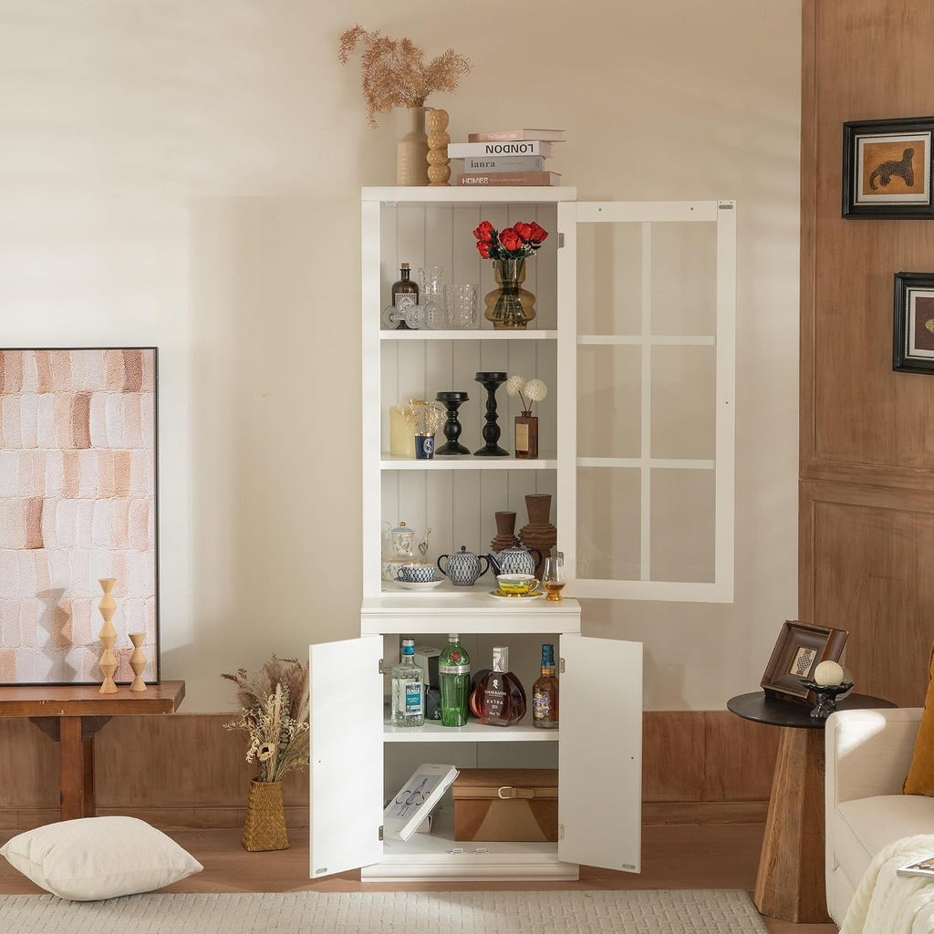 roomfitters 75.25'' Tall Pantry Cabinet with Glass Door, Farmhouse Hutch Display Cabinet with Storage for Kitchen, White