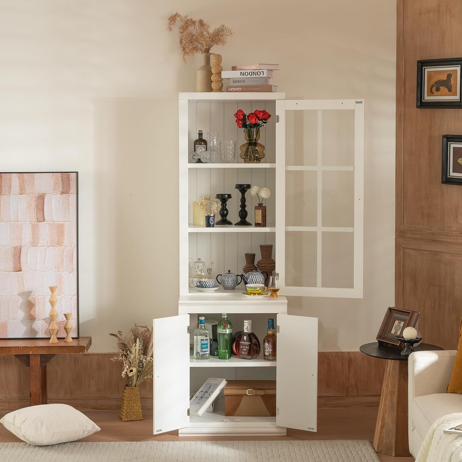 roomfitters 75.25'' Tall Pantry Cabinet with Glass Door, Farmhouse Hutch Display Cabinet with Storage for Kitchen, White