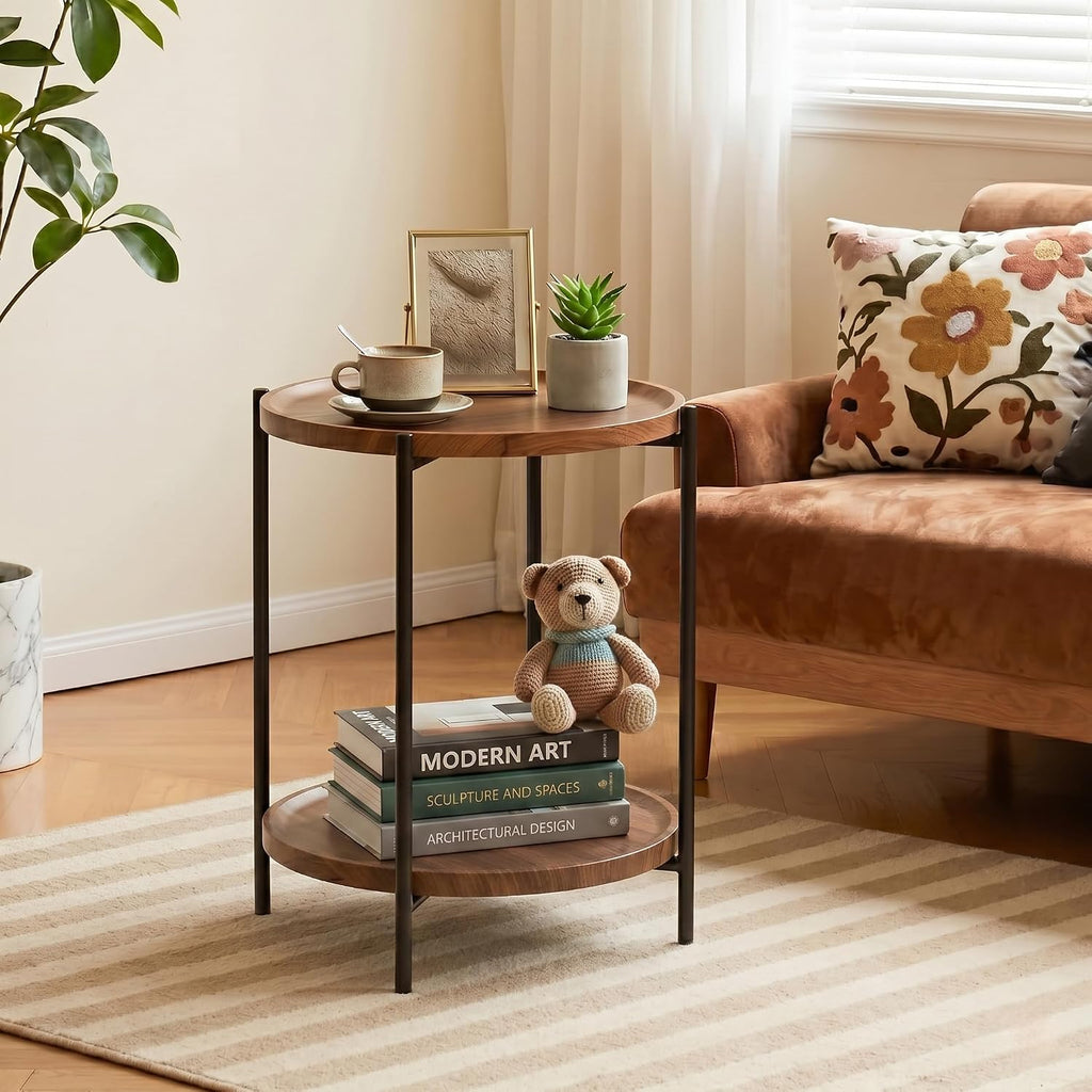 TeoKJ 2 Tier Small Side Table, Folding Round Metal End Table with Two Removable Wooden Tray, No Assembly Nightstand for Bedroom Living Room Bedside Round Bedside Table for Small Spaces, Walnut