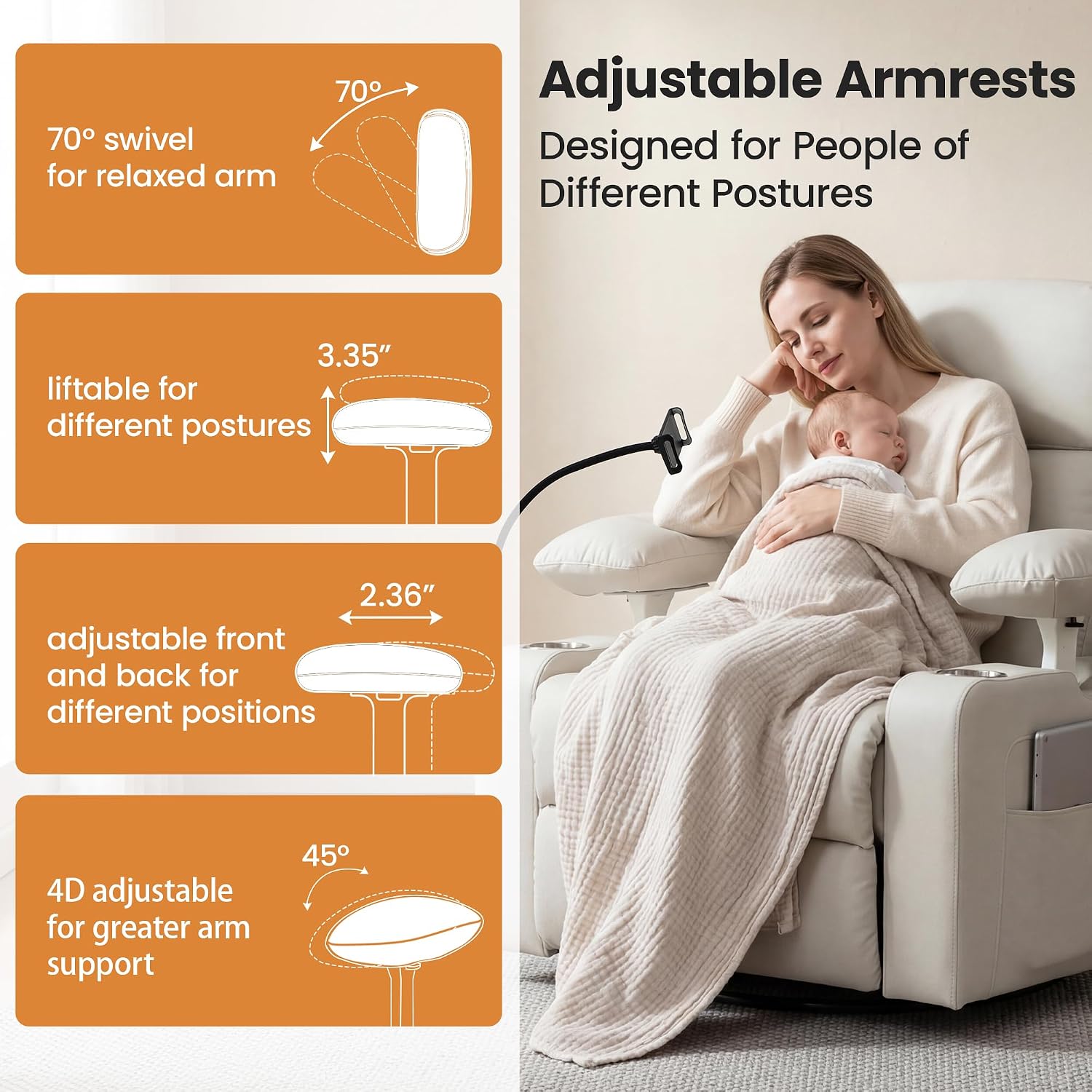Rocking Chair Nursery with Adjustable Armrests,Power Recliner Chair, Beige | Glider Rocker with Adjustable Headrest And Electric Lumbar Support, Nursing Chair for Breastfeeding, with USB, Cup Holder