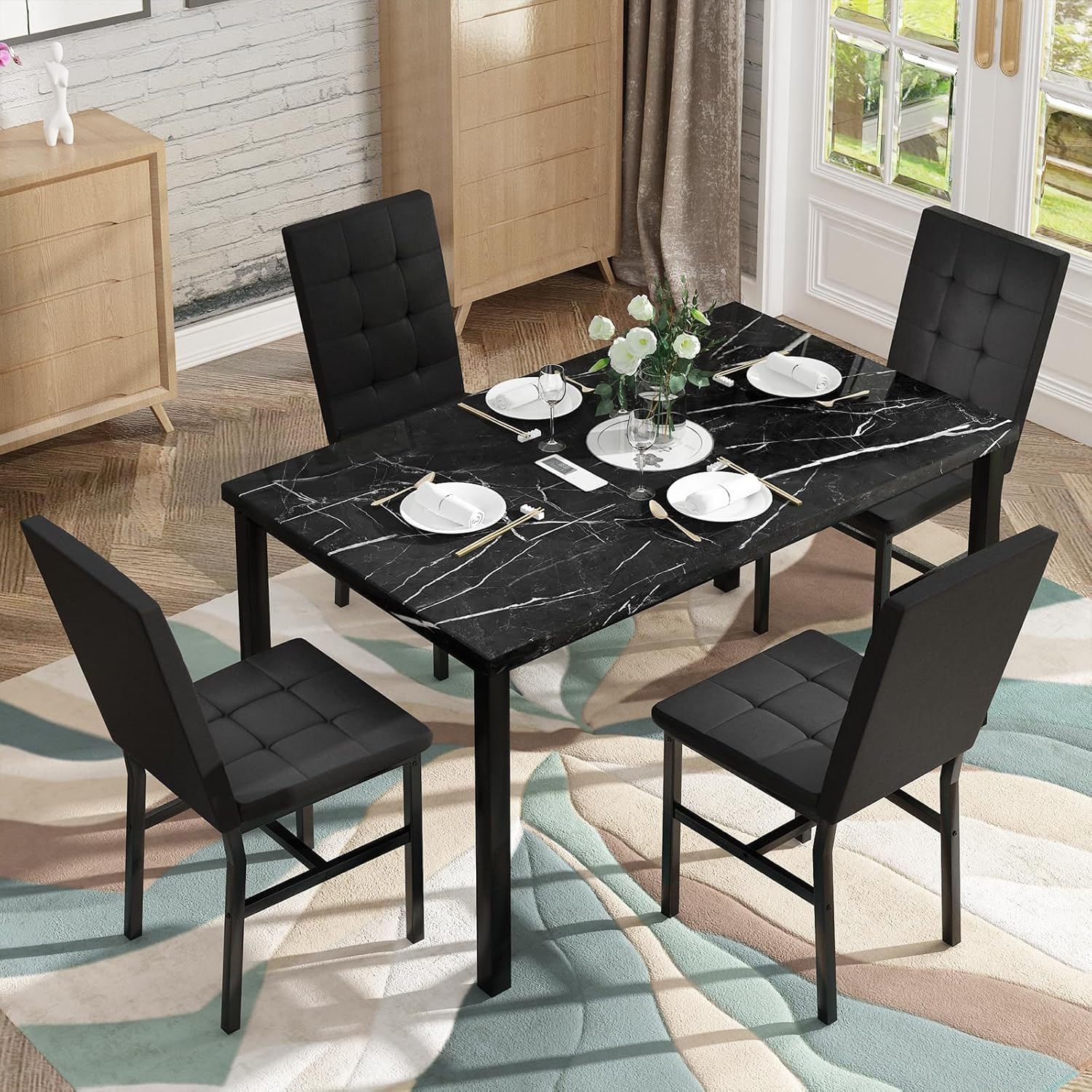 Hooseng Kitchen Table Set 5 Piece Dining Room Table Set Marble Dining Table 4 Chair Dining Table Set for Kitchen Living Room Breakfast Small Spaces (Black)