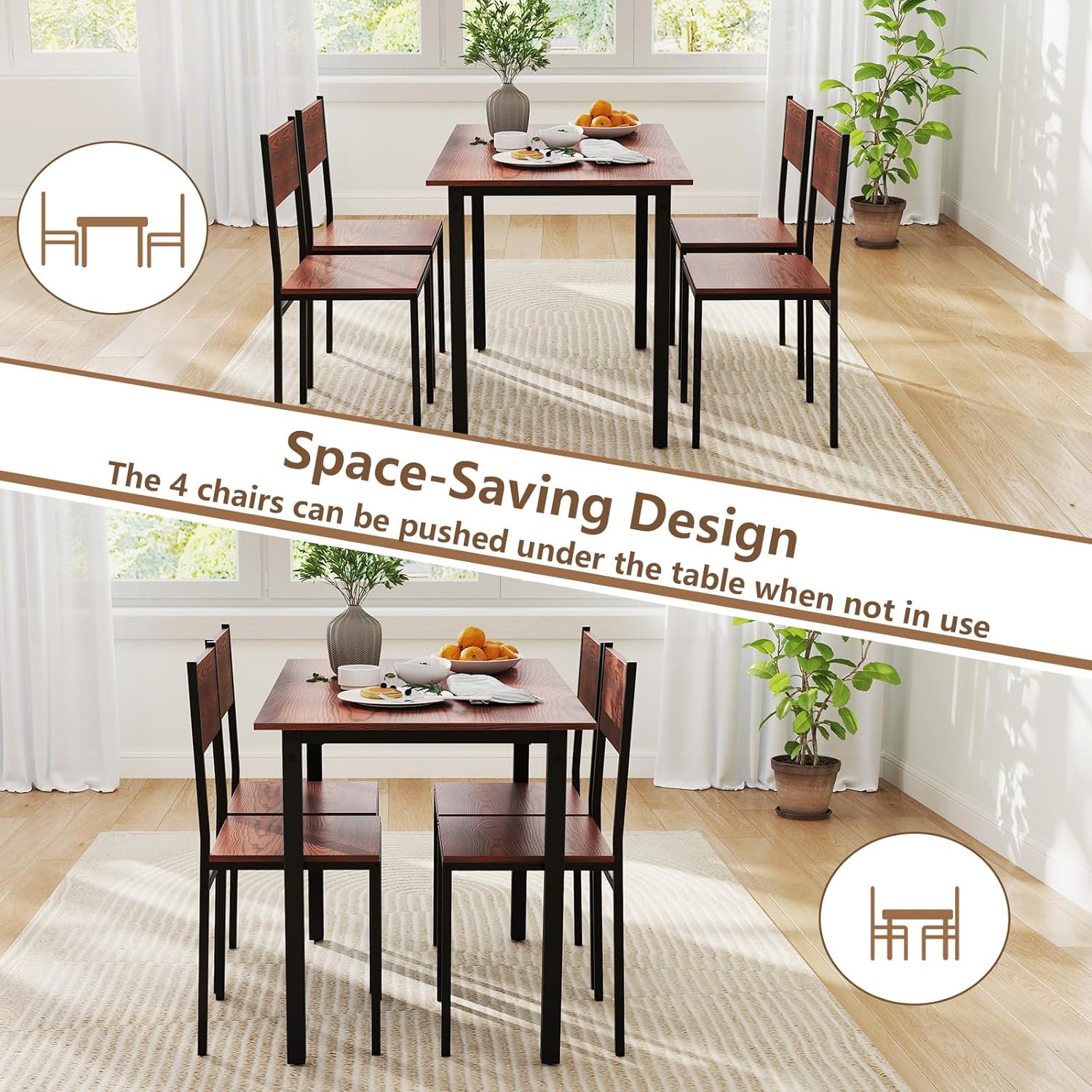 GOFLAME 5-Piece Dining Table Set, Industrial Kitchen Table and Chairs for 4 with Backrest and Metal Frame, Rectangular Space-Saving Dinette Set for Dining Room, Apartment, Small Space, Walnut