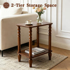 Solid Wood End Table with Storage Shelf, 2-Tier Small Side Table with Vintage Spindle Legs, Narrow Nightstand for Living Room, Bedroom & Small Spaces, Easy Assembly (Brown)