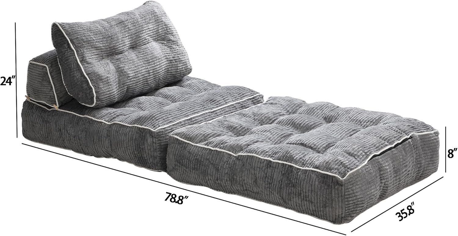 Convertible Foldable Sofa Bed with Pillow & Back Support, Portable Fold Out Floor Lounge for Living Room Bedroom, Dark Grey