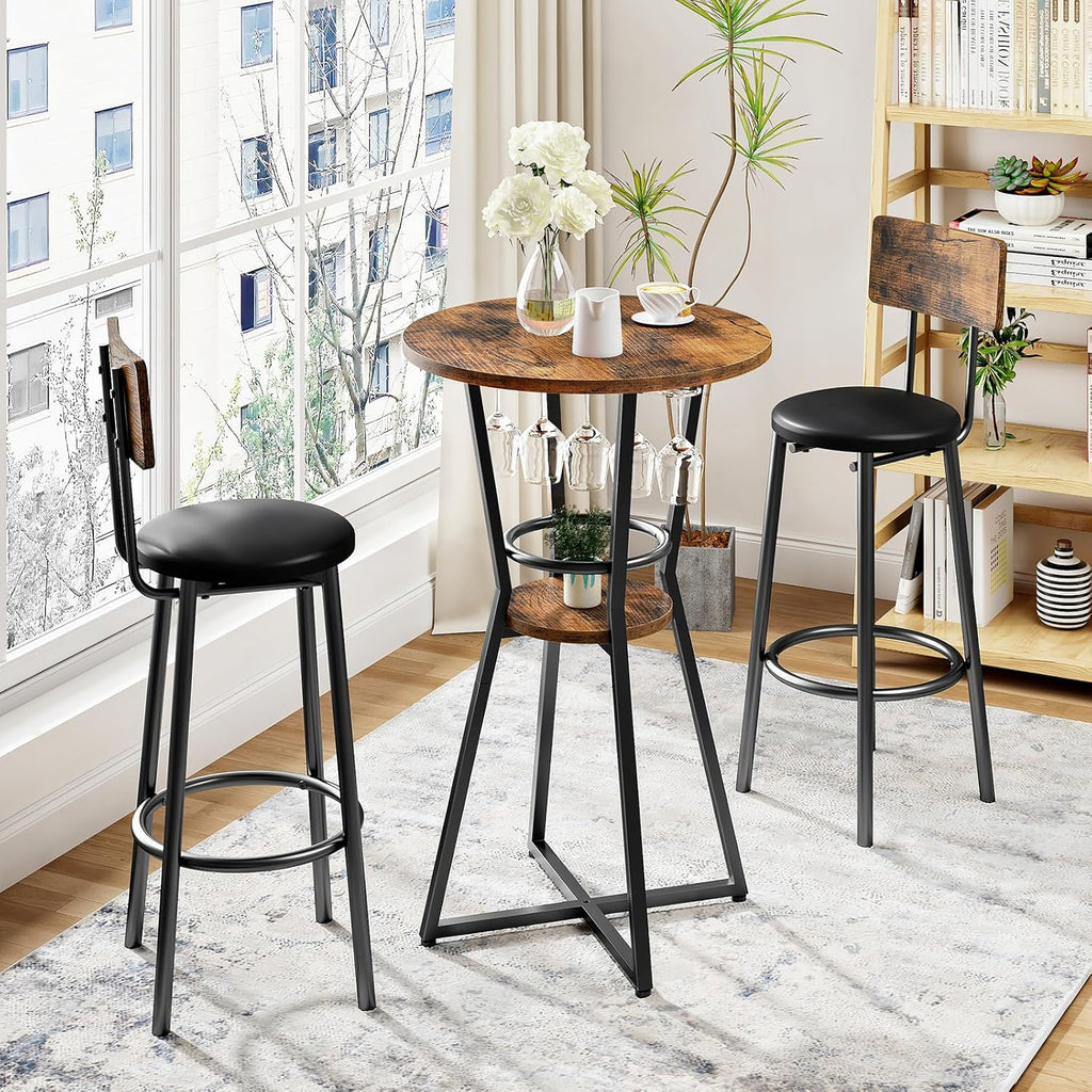HOOBRO Round Bar Table, 2-Tier Counter Height Pub Table with Wine Glass Holder, Industrial Cocktail Table, for Small Space, Tavern, Living Room, Dining Room, Patio, Rustic Brown and Black BF62BT01G1