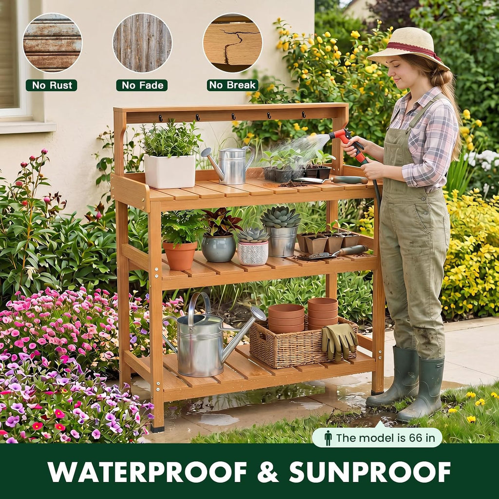 Frogprin Potting Bench for Women Men, HDPS Outdoor Garden Table Workstation with 9 Hooks, 4-Tier Rack, All-Weather Waterproof Workbench for Outside Garden - Teak, Extra-Large, 35.6''X16.5''X45.5''