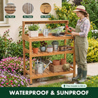 Frogprin Potting Bench for Women Men, HDPS Outdoor Garden Table Workstation with 9 Hooks, 4-Tier Rack, All-Weather Waterproof Workbench for Outside Garden - Teak, Extra-Large, 35.6''X16.5''X45.5''