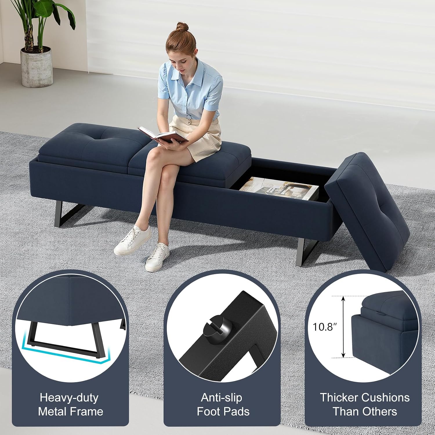 kinbor Waiting Room Chairs - Fabric Office Guest Chair, 3 Seats Upholstered Reception Bench Seating, Lobby Furniture for Salon and Shop, End of Bed Bench for Bedroom, Living Room, Hallway, Navy Blue