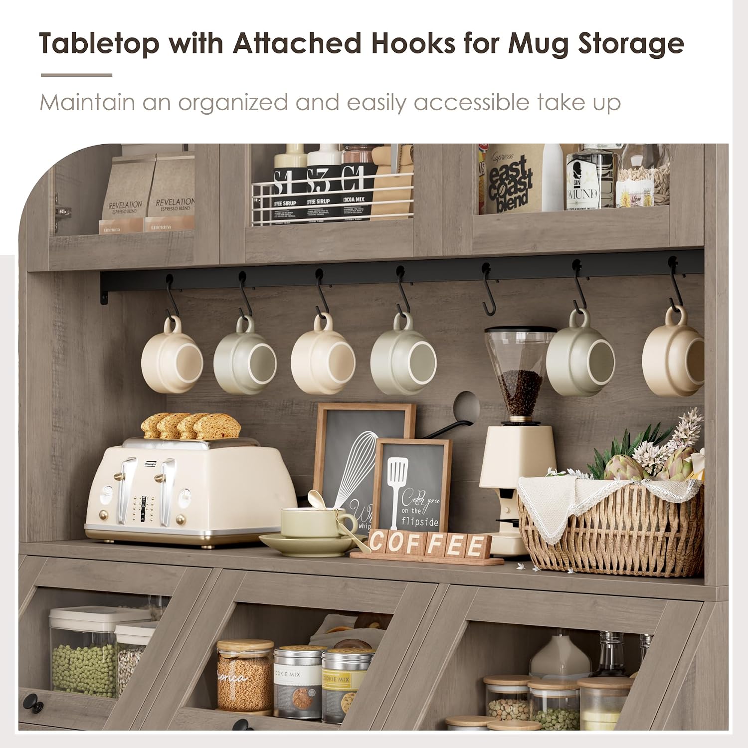 HIFIT 71.4” H Farmhouse Pantry Cabinet with 3 Bread Boxes and 7 Metal Hooks, 47.2” Wide Kitchen Hutch Cabinet with Storage and Glass Doors, Ash Grey