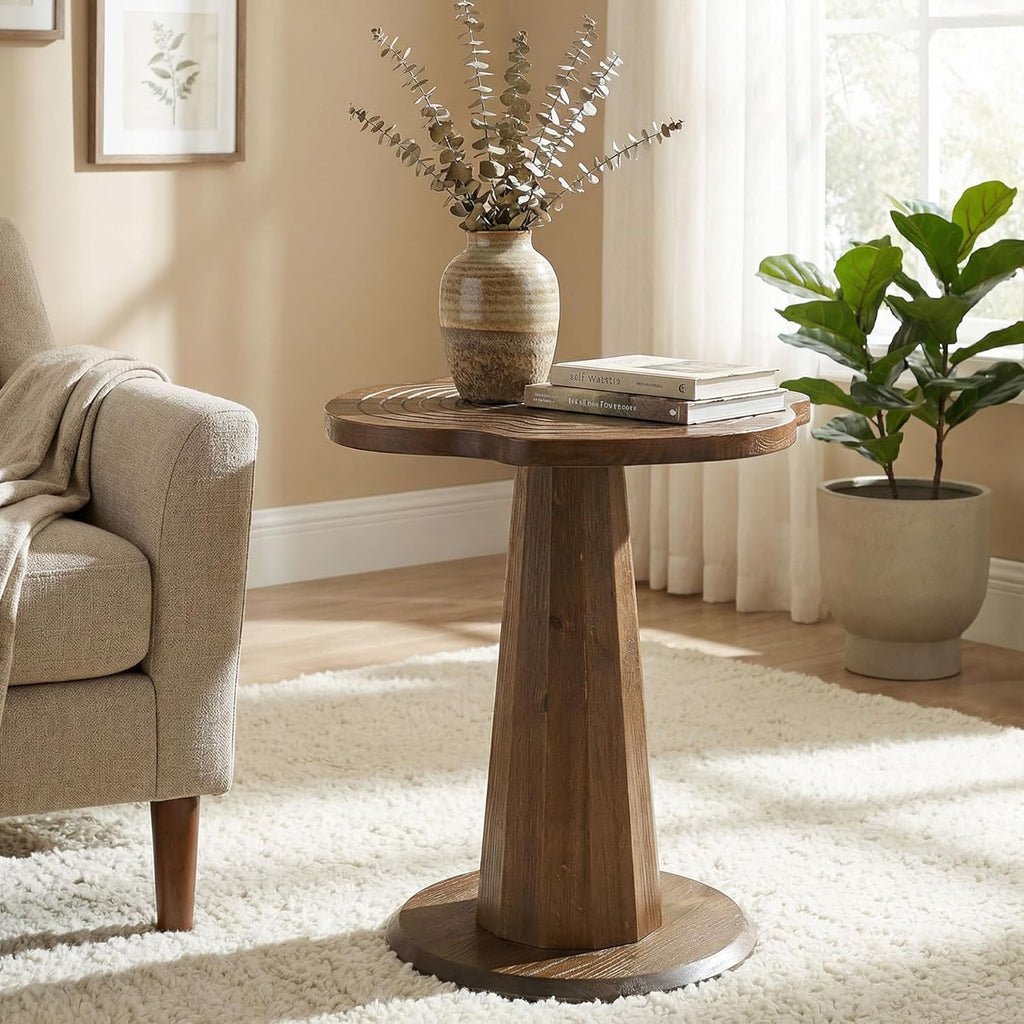 Solid Wood End Table, 20.87" Small Round Pedestal Side Table with Tree-Ring Patterns, Conical Base with Line Design for Living Room, Bedroom and Small Spaces