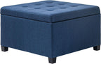 Round Storage Button Tufted Flip Top Ottoman in Classic Blue Velvet with Comfortable Upholstery and Premium Quality Design