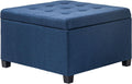 Round Storage Button Tufted Flip Top Ottoman in Elegant Blue Velvet with Comfortable Upholstery and Premium Quality Modern Style