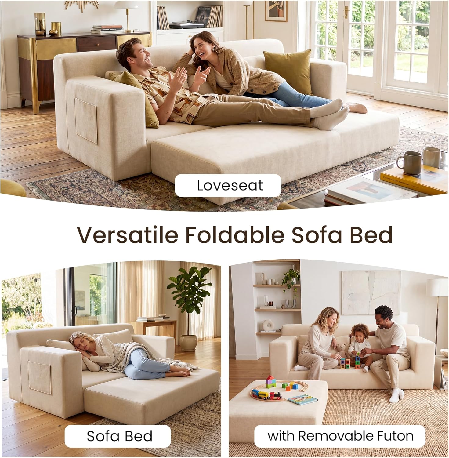 GRUSIGN 71" Boneless Loveseat Couch,Chenille Pullout Futon Couch,4 in 1 Folding 3 Seater Sofa Bed for Living Room,Boneless Cloud Couch with Storage Pocket & 2 Pillows,Beige