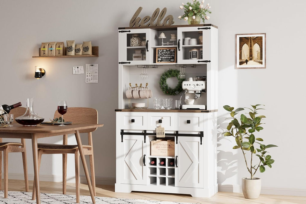 72" Kitchen Pantry Storage Cabinet with Hutch and Sliding Barn Door, Farmhouse Tall Buffet Cabinet with Drawers, Large Coffee Bar with Wine & Glasses Rack, for Home Living Room, White