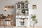 72" Kitchen Pantry Storage Cabinet with Hutch and Sliding Barn Door, Farmhouse Tall Buffet Cabinet with Drawers, Large Coffee Bar with Wine & Glasses Rack, for Home Living Room, White