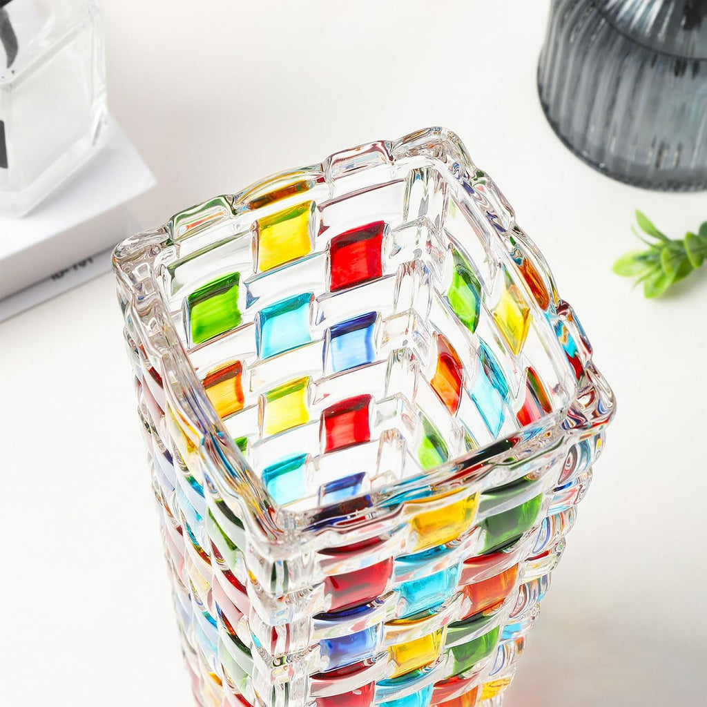 VanEnjoy 7.7 inch Colored Glass Vase Hand Blown Glass Vase for Flower Unique Mosaic Vase Flower Vase for Home Office Decor Glass Mexican Vase for Floral Arrangement Centerpieces