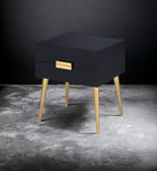 Penau Black and Gold End Table, Rectangular High Gloss Engineered Wood Top, Metal Tapered Gold Legs, 2 Drawers Storage Nightstand, 16.00 x 20.00 x 24.00 Inchs