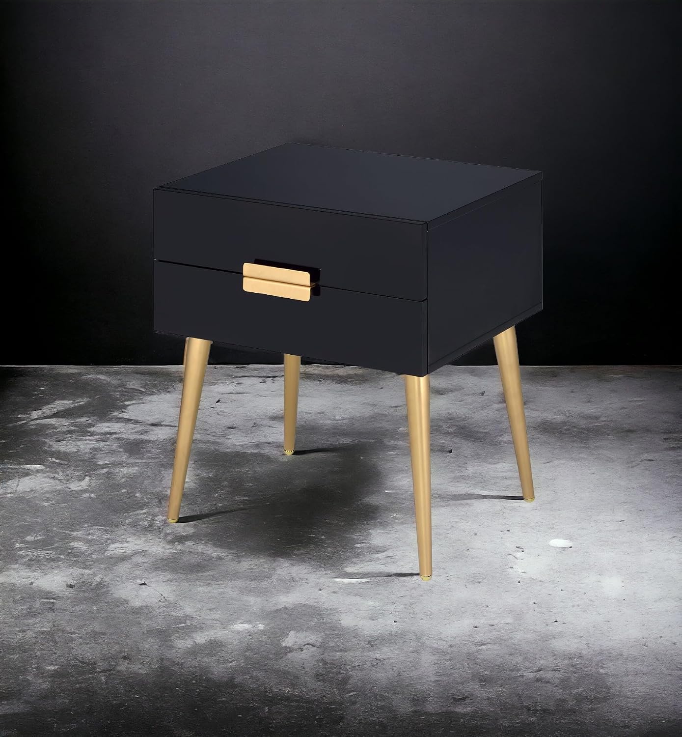 Penau Black and Gold End Table, Rectangular High Gloss Engineered Wood Top, Metal Tapered Gold Legs, 2 Drawers Storage Nightstand, 16.00 x 20.00 x 24.00 Inchs