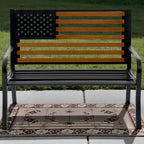 45.7 Inch American Flag Outdoor Bench - Patriotic Stars and Stripes Garden Bench with Heavy Duty Cast Iron Frame & Weather Resistant Steel Slats - Rustic Porch Furniture for Backyard, Memorial