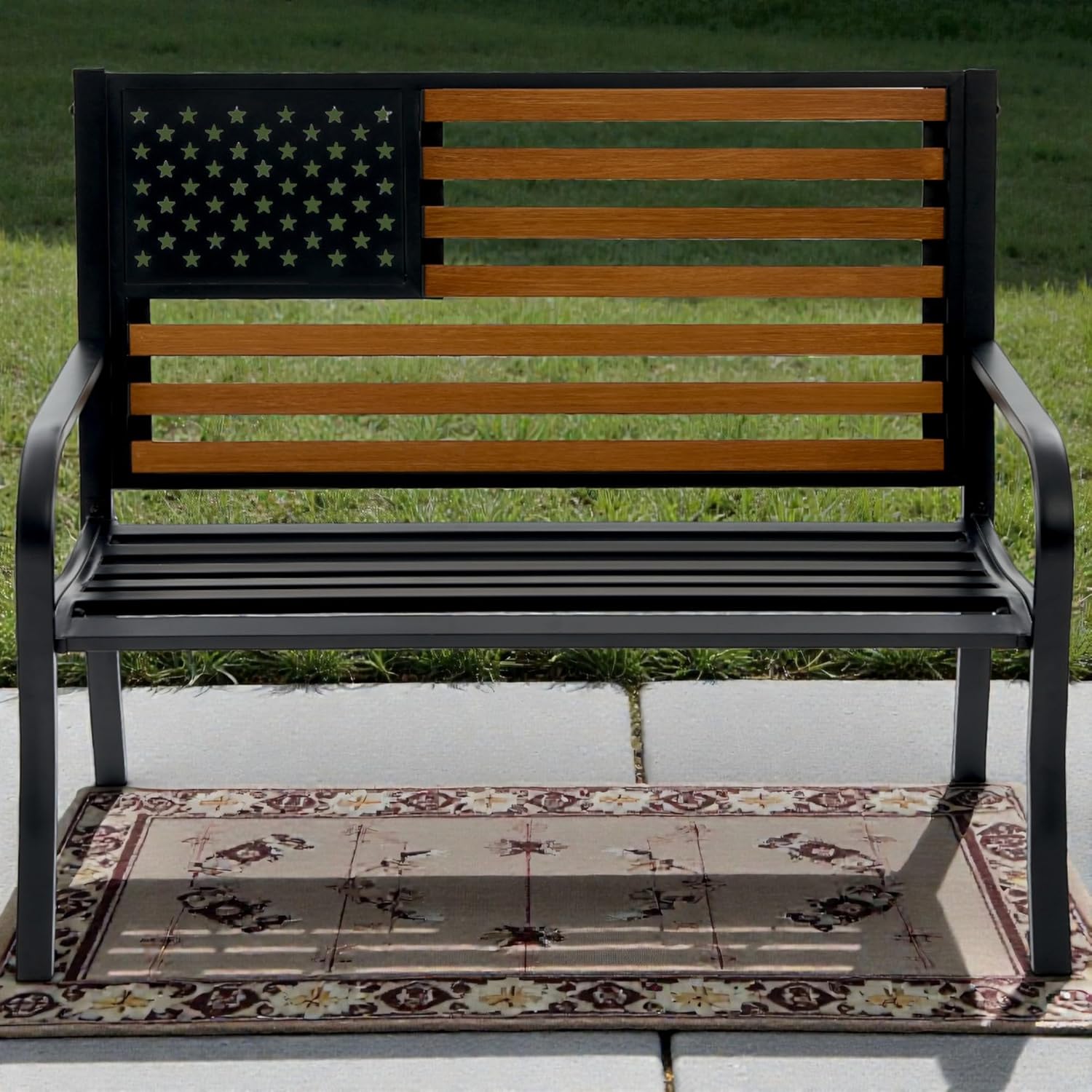 45.7 Inch American Flag Outdoor Bench - Patriotic Stars and Stripes Garden Bench with Heavy Duty Cast Iron Frame & Weather Resistant Steel Slats - Rustic Porch Furniture for Backyard, Memorial