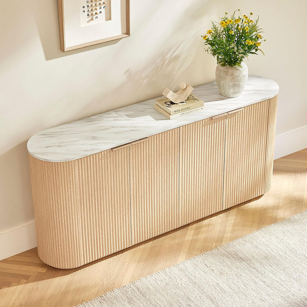 CHITA 70" Sideboard Buffet Cabinet with Storage, Fluted Accent Cabinet with Adjustable Shelves, Media Console for Living Room, 32" H, Oak - Faux Marble