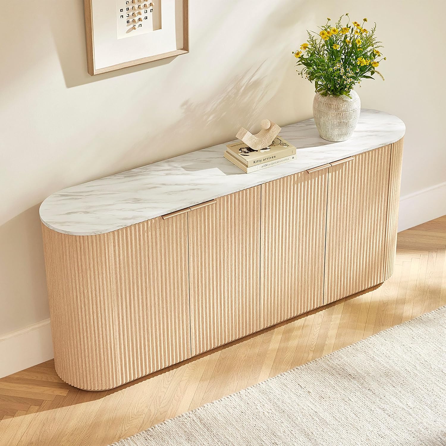 CHITA 70" Sideboard Buffet Cabinet with Storage, Fluted Accent Cabinet with Adjustable Shelves, Media Console for Living Room, 32" H, Oak - Faux Marble