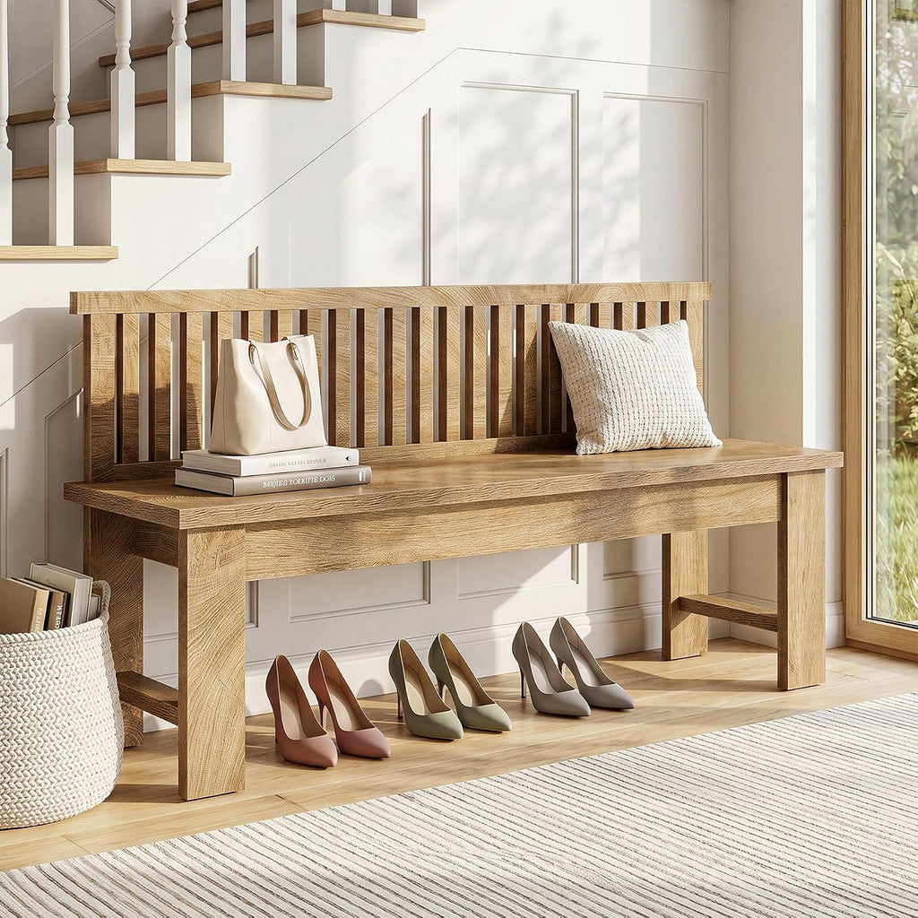 Tribesigns 55-Inch Entryway Bench, Farmhouse Seating Bench with Vertical Stripes Backrest, for Hallway, Kitchen, Living Room, Easy to Assemble, Brown