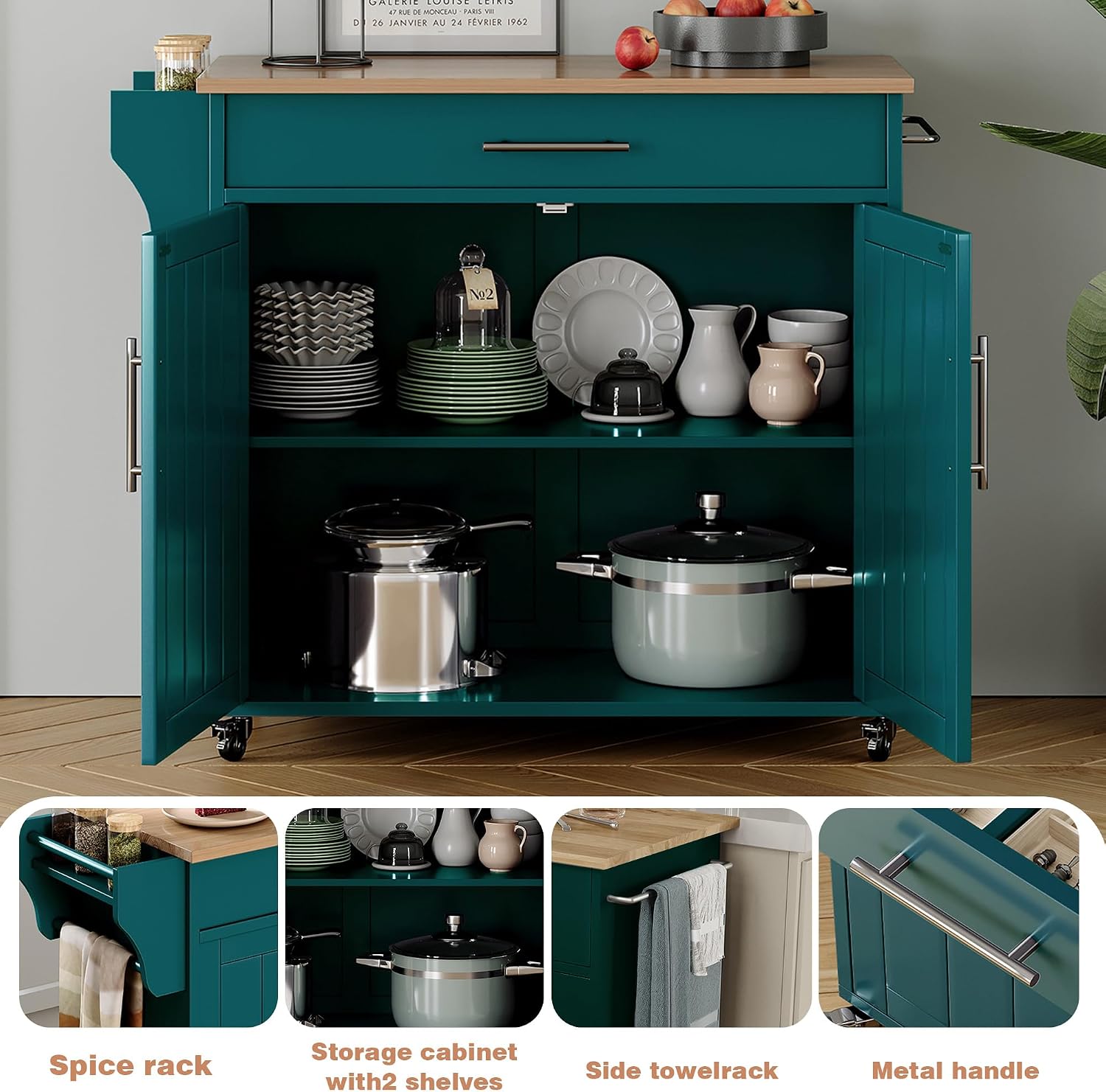 Kitchen Island with Storage, Wooden Countertop Rolling Kitchen Island On Wheels Storage Cabinet, Mobile Kitchen Island Cart with Towel Rack, Spice Rack and Drawers,Green
