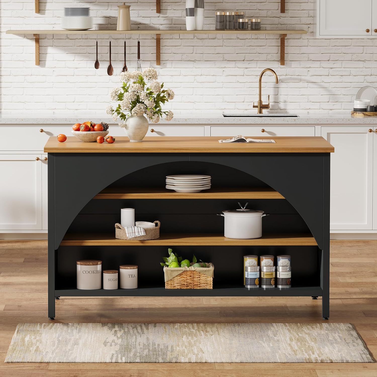 Tribesigns Kitchen Island with 3 Storage Shelves, 55" W Kitchen Shelf with Large Countertop and Seating Area, Modern Wooden Coffee Bar Table (Black)