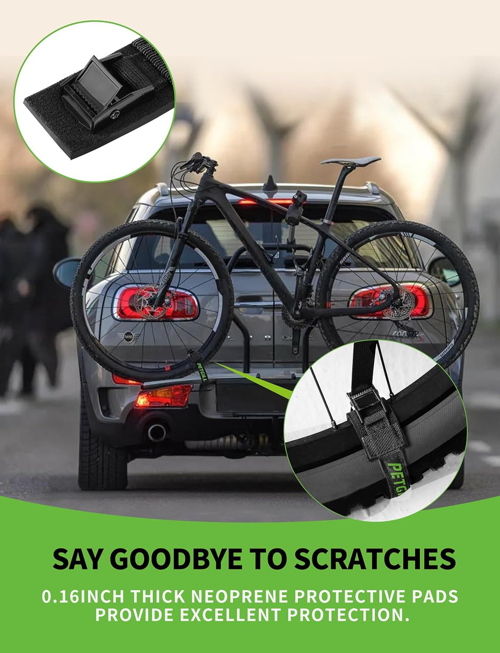 EBike Rack Straps, 4 Pieces, 16 in (40 cm) Length, 0.8 mm Width, 440 lbs (200 kg) Load Capacity, Clamp Lock Lashing Straps for All Bike Racks, Roof Racks & Kayaks(Packaging May Vary)