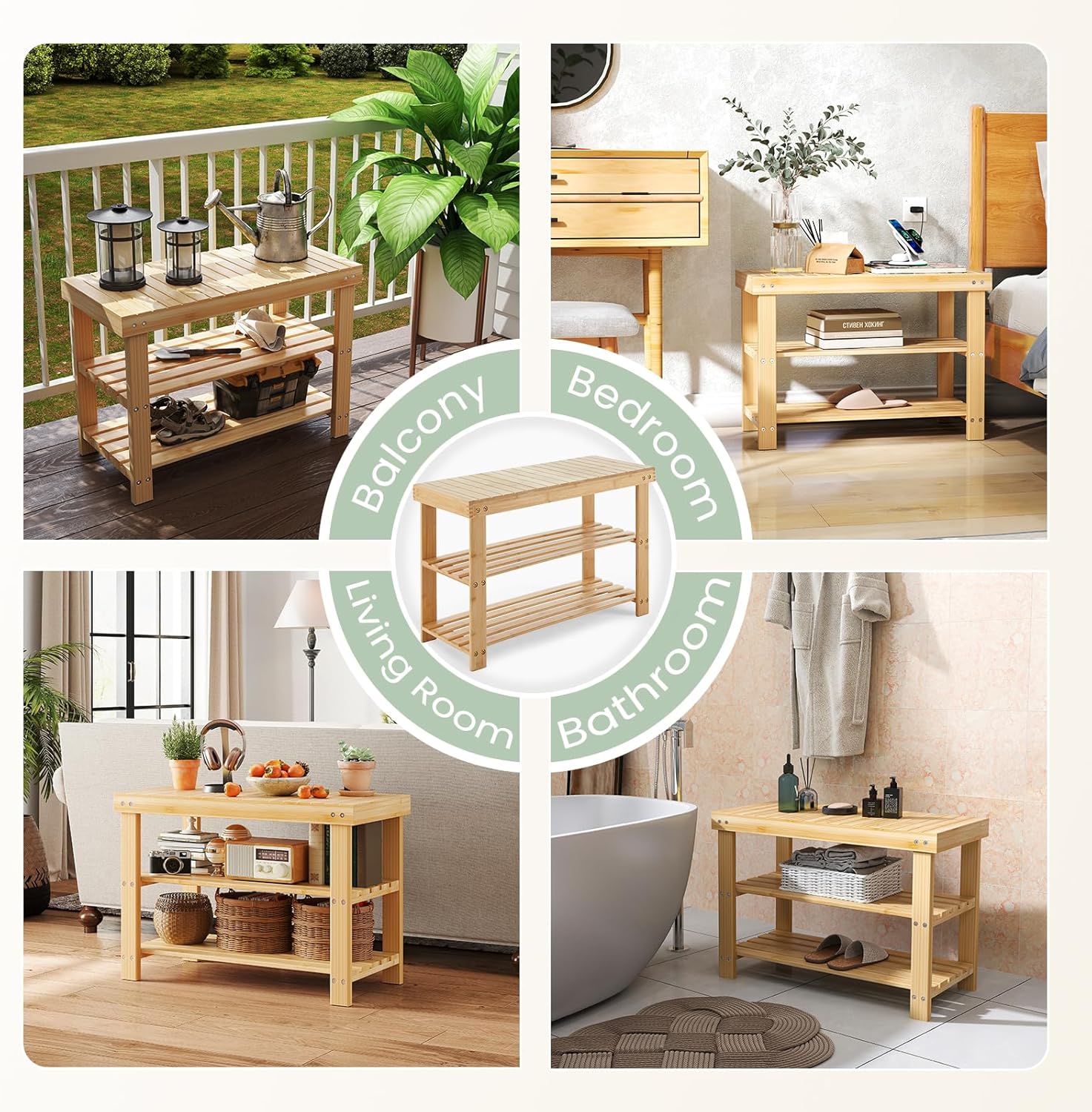 DUMOS Shoe Rack Bench with Storage, 3-Tier Bamboo Entryway Benches, Wooden Shoe Rack Holds Up to 286 lb Storage Organizer, Suitable for Bedroom Living Room Balcony, Classical Wood