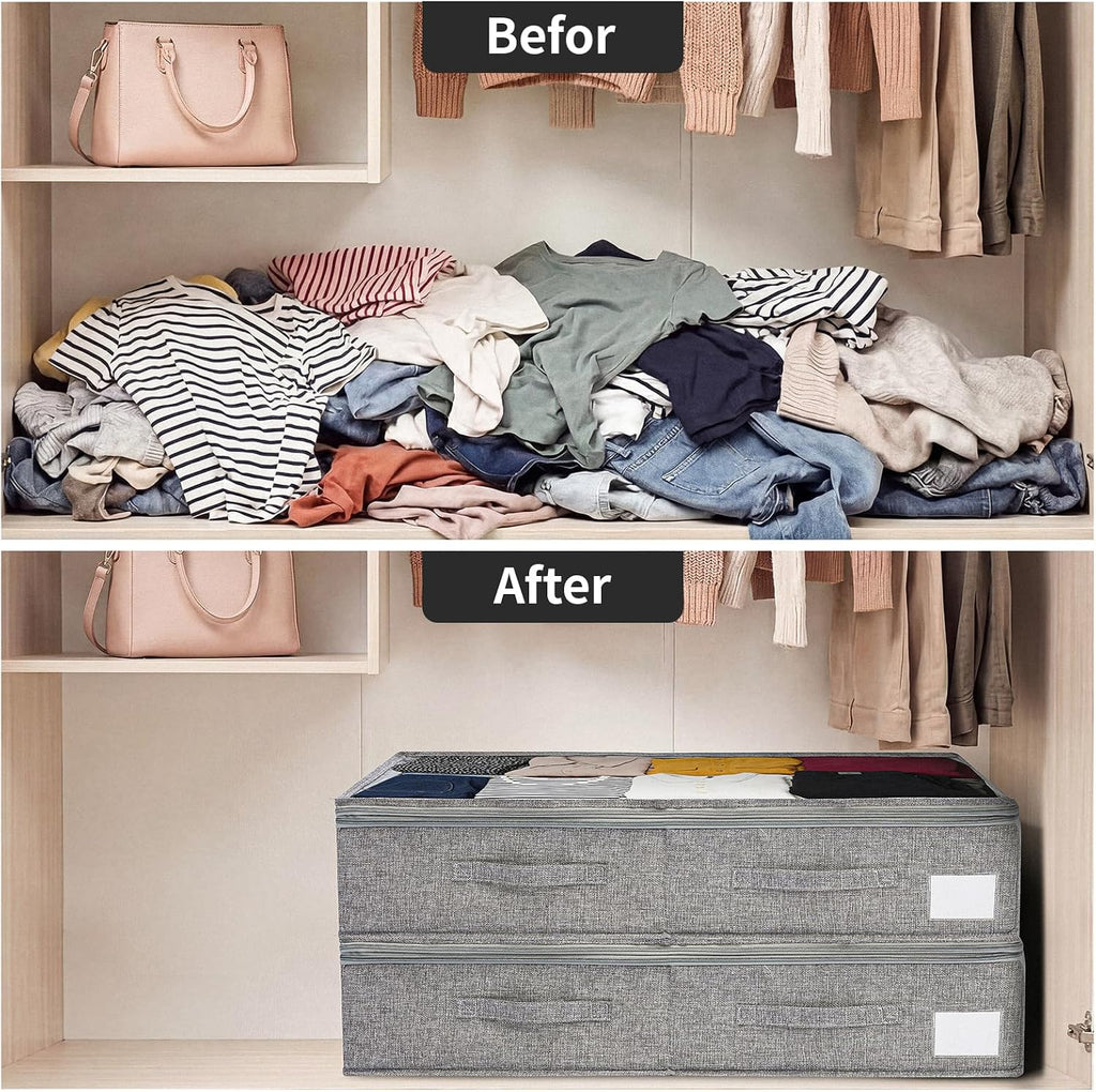 Under Bed Storage Containers with Lids, Foldable Underbed Organizer with Handles, Large Closet Storage Bins for Clothes, Blankets, Shoes, Bedroom Organization (2 Pack)