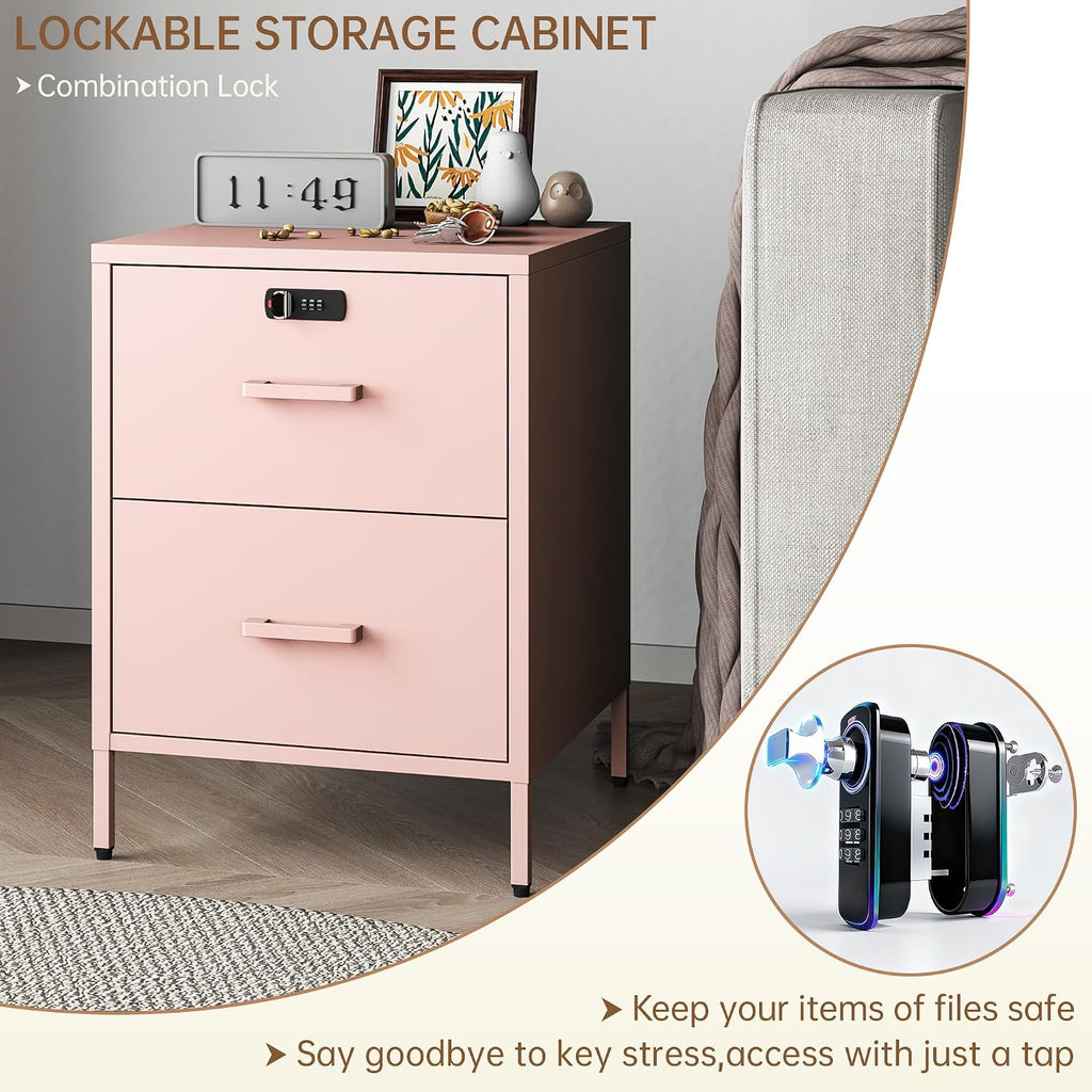 Steehoom 2 Drawer End Side Table with Lock Metal Nightstand, Lockable Storage Cabinet Kids Cabinet for Living Room, Bedroom, Dorm, 21.26”H X 15.75”W X 15.75”D (2 Drawer, Pink)