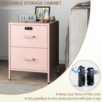 Steehoom 2 Drawer End Side Table with Lock Metal Nightstand, Lockable Storage Cabinet Kids Cabinet for Living Room, Bedroom, Dorm, 21.26”H X 15.75”W X 15.75”D (2 Drawer, Pink)