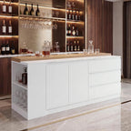 82.7" Large Bar Table Kitchen Station, Home Bar Unit with Lighting, 3 Drawers & 4 Shelves, Bar Cabinets Reception Desk for Home Pub Kitchen Storage, White & Marble Pattern