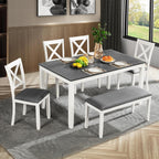 Bellemave 6-Piece Dining Table Set for 6 Rectangular Kitchen Table Set with 4 Dining Chairs and Bench, 6 Person Dining Room Set for Kitchen, Dining Room (White+Gray)