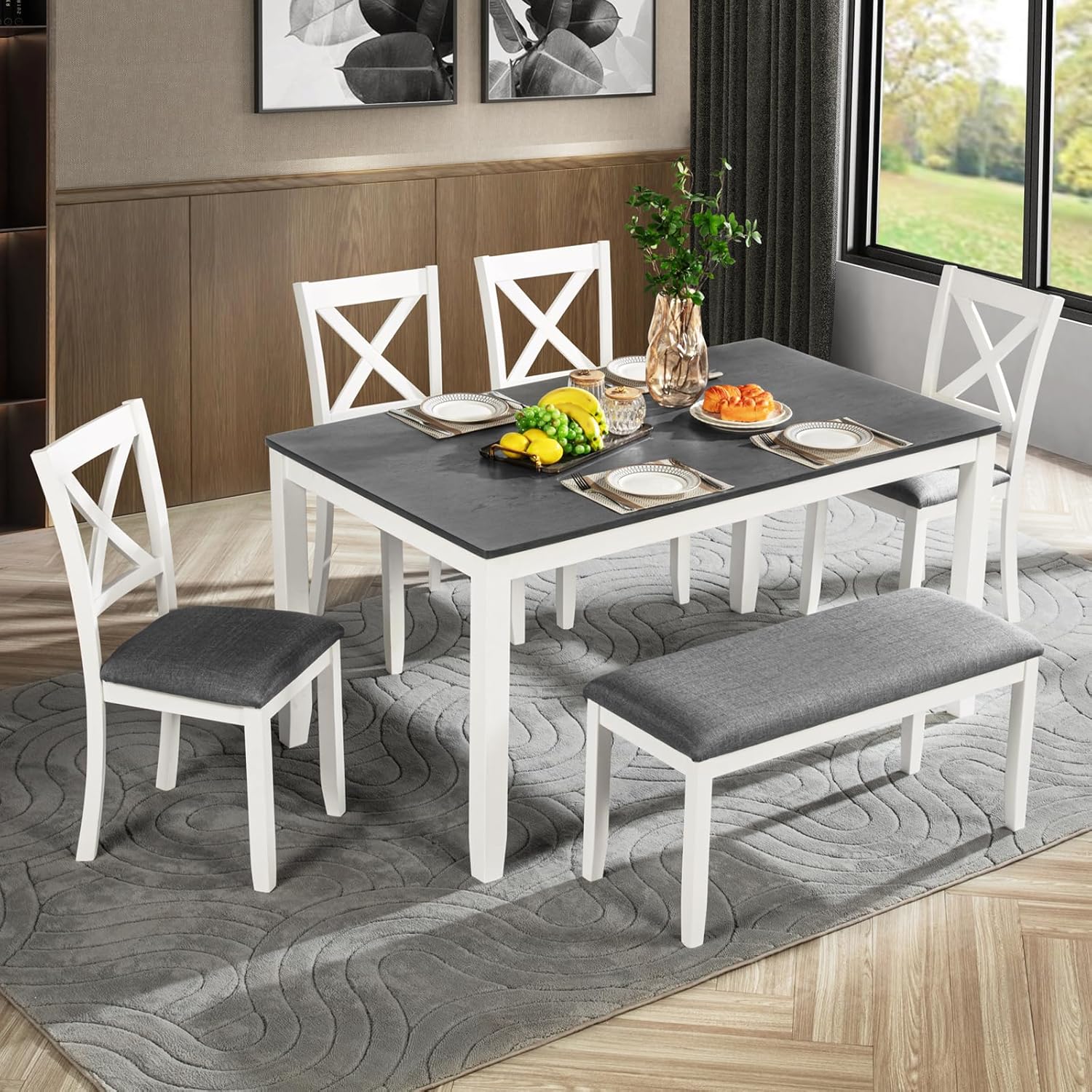 Bellemave 6-Piece Dining Table Set for 6 Rectangular Kitchen Table Set with 4 Dining Chairs and Bench, 6 Person Dining Room Set for Kitchen, Dining Room (White+Gray)