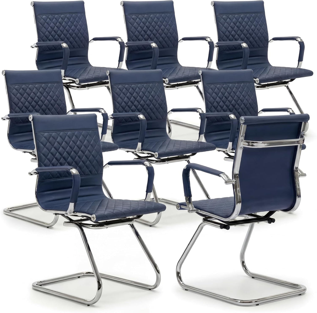 HNY Office Desk Chair No Wheels Set of 8 - PU Leather Waiting Room Chairs with Arms - Conference Room Chairs 400LB Capacity Sled Base, Reception Chair for Home Office, Lobby, School Navy Blue