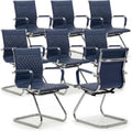 HNY Office Desk Chair No Wheels Set of 8 - PU Leather Waiting Room Chairs with Arms - Conference Room Chairs 400LB Capacity Sled Base, Reception Chair for Home Office, Lobby, School Navy Blue