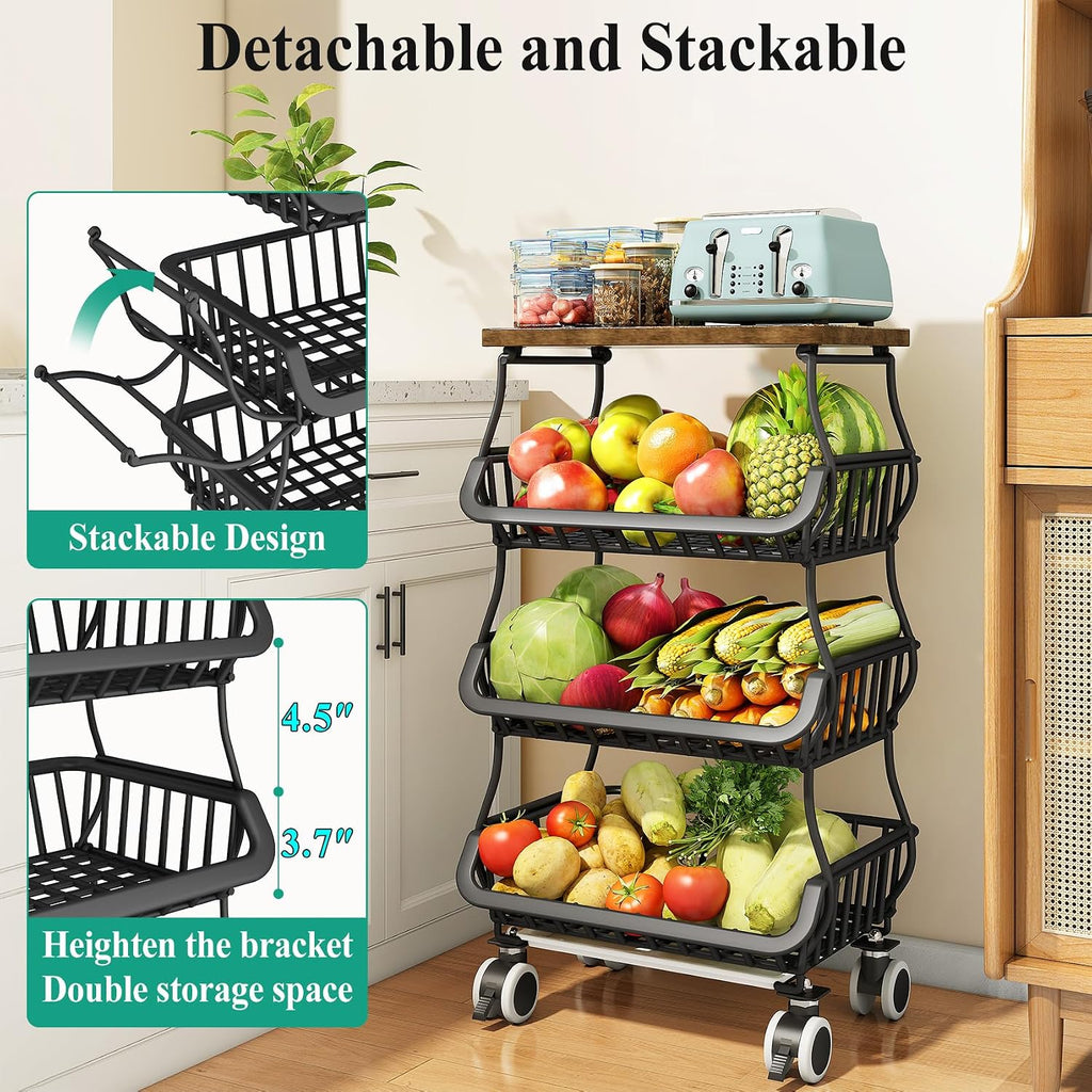 SAYZH 4-Tier Fruit and Vegetable Basket Stand for Kitchen, Wood Top, Black | Stackable Vegetable Storage Baskets with Wheel, Metal Wire Storage Carts for Onion, Potato and Snacks