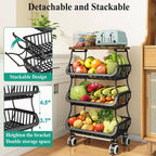 SAYZH 4-Tier Fruit and Vegetable Basket Stand for Kitchen, Wood Top, Black | Stackable Vegetable Storage Baskets with Wheel, Metal Wire Storage Carts for Onion, Potato and Snacks