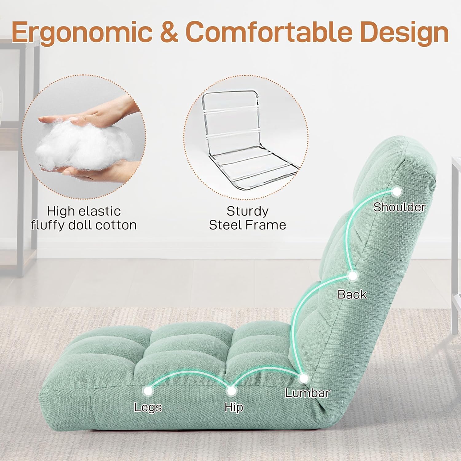 Floor Chair with Back Support Folding Chair with Adjustable Position, Padded Sleeper Bed, Floor Gaming Chair, Meditation Chair, Gaming Floor Chairs for Adults (Green)